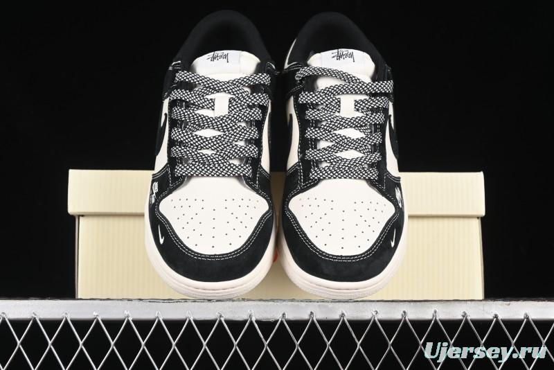 Nike SB Dunk Low Supreme x Stussy Triple Collaboration - Black White Black Swoosh Anniversary Custom Low Top Casual Skate Shoes - SJ2068-300