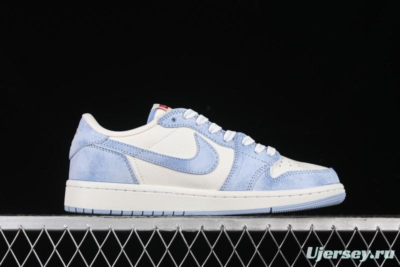 Nike Travis Scott x Fragment Design x Air Jordan 1 Low OG SP AJ1 Supreme Collaboration - Tie-Dye Blue Low-Top Casual Sneakers - CH6336-010