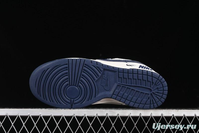 Nike SB Dunk Low Anniversary Premium Custom Low-Top Casual Skate Shoes in Off-White with Navy Blue Swoosh - SJ1089-004