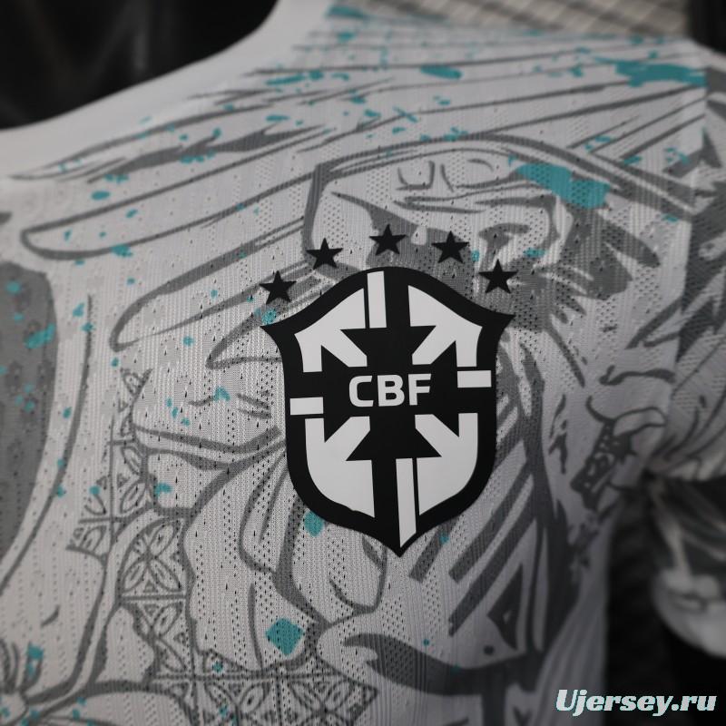 Player Version 2025 Brazil White with Blue Macaw Jersey