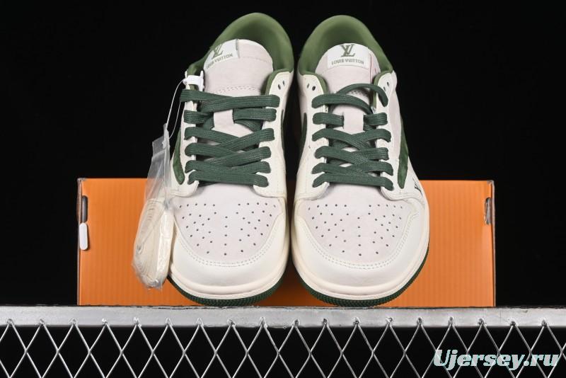 Nike Travis Scott x Fragment Design x Air Jordan 1 Low OG SP AJ1 LV Collaboration - Grey Green Pigskin Low Top Casual Sneakers - XZ1268-005