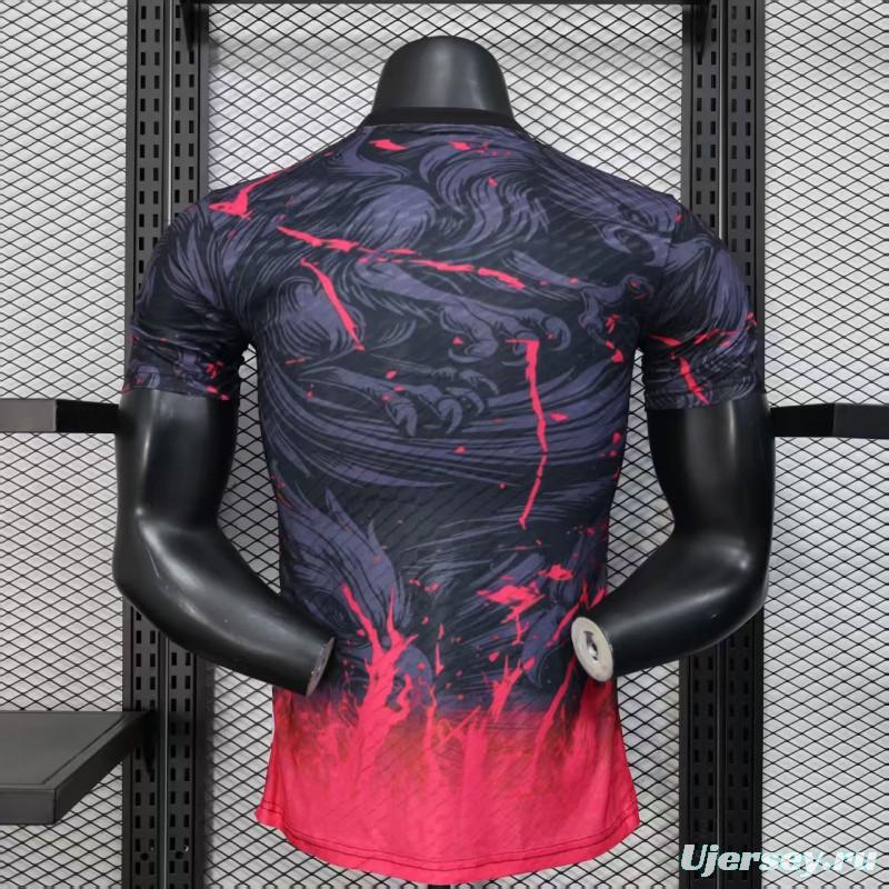 Player Version 2025 Japan Dark Navy with Rising Phoenix Design and Red Gradient Splash Pattern Jersey