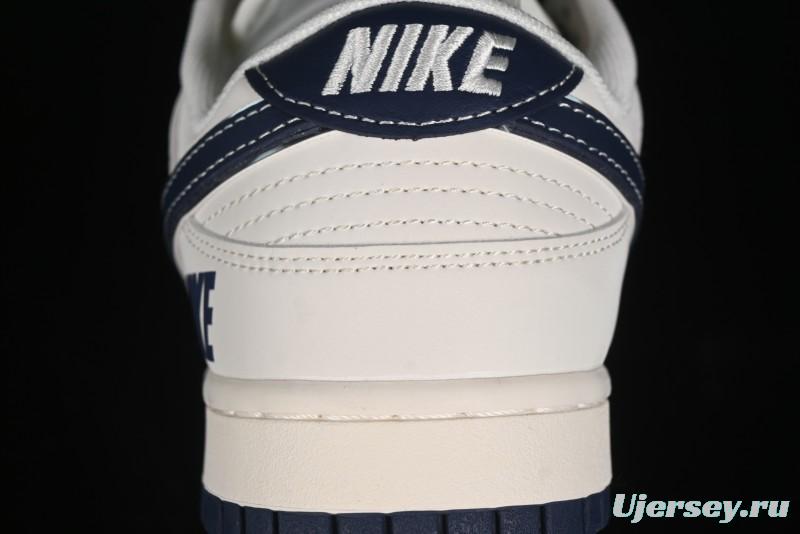 Nike SB Dunk Low Anniversary Premium Custom Low-Top Casual Skate Shoes in Off-White with Navy Blue Swoosh - SJ1089-004