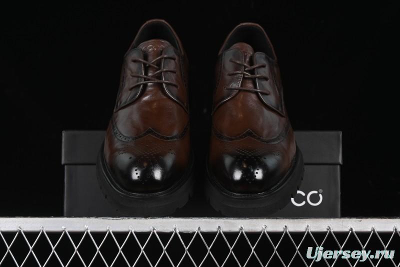 ECCO Block Derby Round Toe Genuine Leather Brogue Dress Shoes - 63667201002