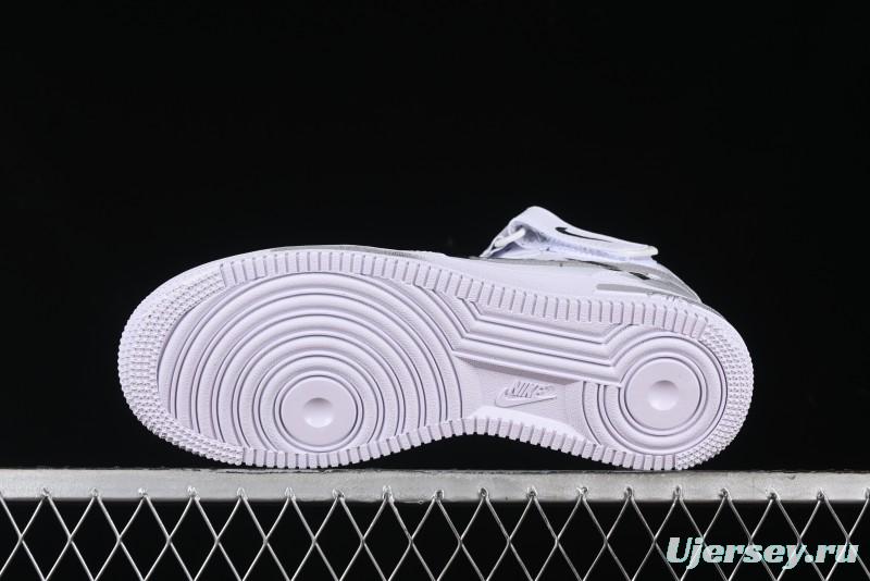 Nike Air Force 1 '07 Mid Casual Sneakers in White/Grey/Black with Hand-Painted Cracked Swoosh Shadow Detail - CW2289-111