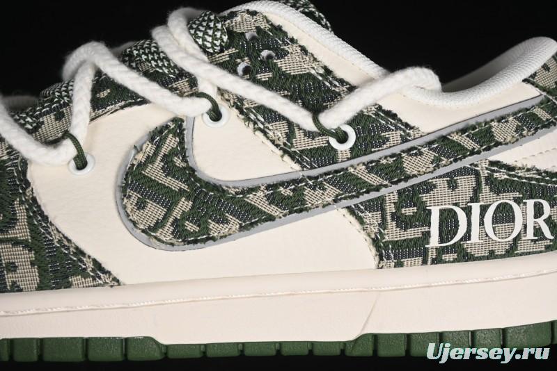 Nike SB Dunk Low Dior Collaboration - Strap Woven Green Check Anniversary High-End Custom Low-Top Casual Skate Shoes - SJ2068-309