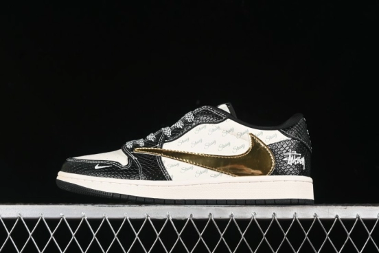 Nike Travis Scott x Fragment Design x Air Jordan 1 Low OG SP AJ1 Retro Sneakers with Dragon Scale Swoosh - XY2688-112