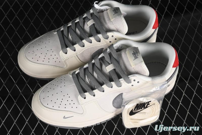 Nike SB Dunk Low Stussy Collaboration - Grey Pigskin Red Tail Anniversary High-End Custom Low-Top Casual Skate Shoes - XY2025-015