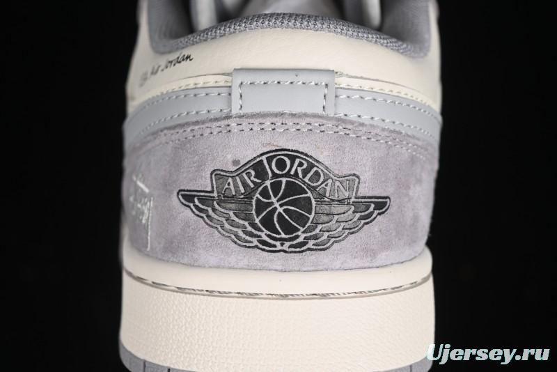 Nike Air Jordan 1 Low Stussy Collaboration - Light Bone Grey Dual-Tone Premium Custom Retro Basketball Shoes - SJ9950-045