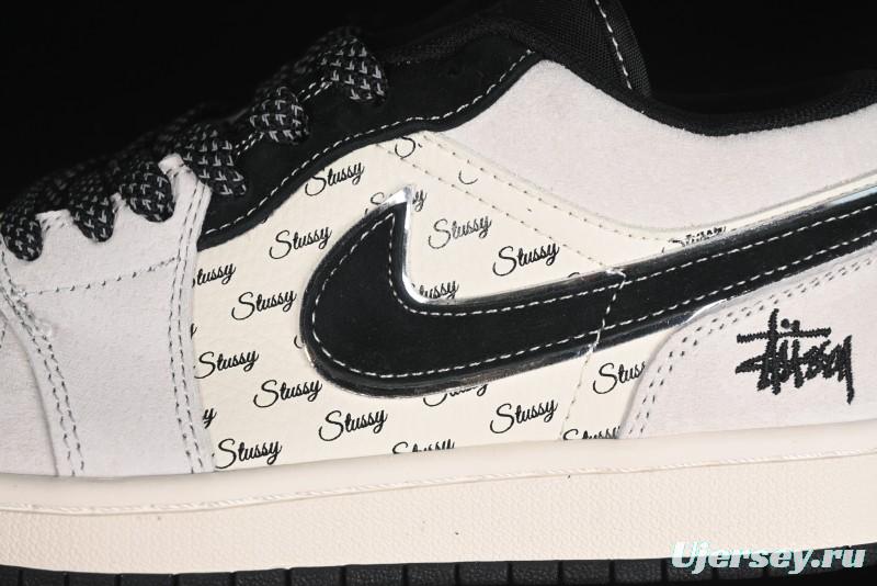 Nike Air Jordan 1 Low Stussy Collaboration - Silver Trim Black Swoosh Retro Basketball Shoes - SJ9950-026