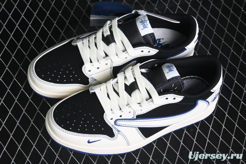 Nike Travis Scott x Fragment Design x Air Jordan 1 Low OG SP AJ1 Stussy Collaboration - Black Blue Line Low Top Casual Sneakers - SJ2068-113