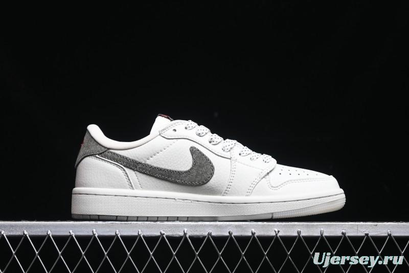 Nike Travis Scott x Fragment Design x Air Jordan 1 Low OG SP AJ1 Supreme Collaboration - Light Beige White Low Top Casual Sneakers - JH6088-609