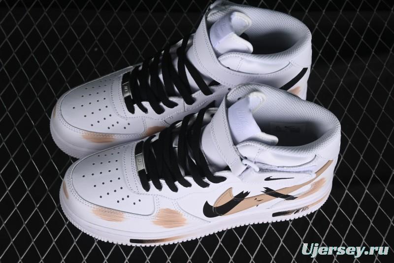 Nike Air Force 1 '07 Mid Hand-Painted White Black Brown with Swoosh Shadow Strap Mid-Top Casual Sneakers - CW2289-111