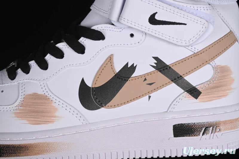 Nike Air Force 1 '07 Mid Hand-Painted White Black Brown with Swoosh Shadow Strap Mid-Top Casual Sneakers - CW2289-111
