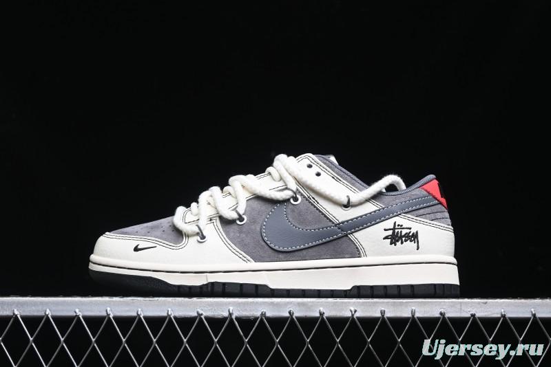 Nike SB Dunk Low Stussy Collaboration - Lace-Up Grey White Grey Check Anniversary High-End Custom Low-Top Casual Skate Shoes - YX5066-207