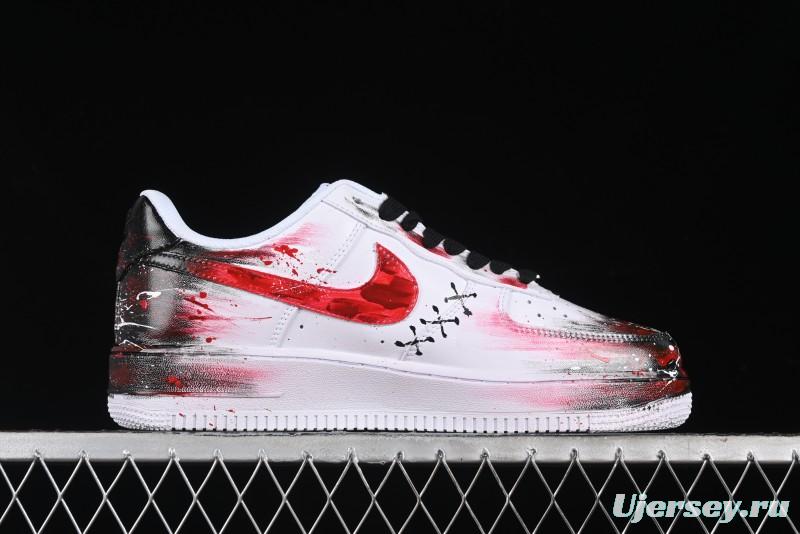 Nike Air Force 1 '07 Low Casual Sneakers with 2D Black and White Hand-Painted Blood Night Stitching Design - CW8822-011