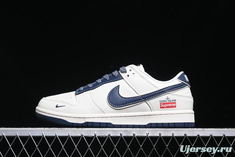 Nike SB Dunk Low Stone Island x Supreme Collaboration - Navy Blue & Off-White Anniversary High-End Custom Low-Top Casual Sneakers - BB9866-007