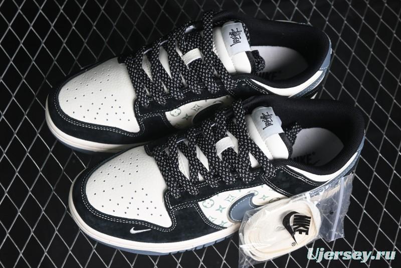 Nike SB Dunk Low Stussy Collaboration - Black White Print Anniversary Custom Low-Top Casual Sneakers - XX3168-212