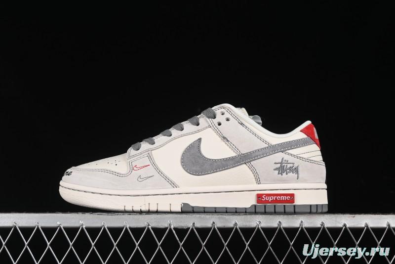 Nike SB Dunk Low Stussy Collaboration - Embroidered Grey Swoosh Anniversary Custom Low-Top Casual Sneakers - MM1089-033