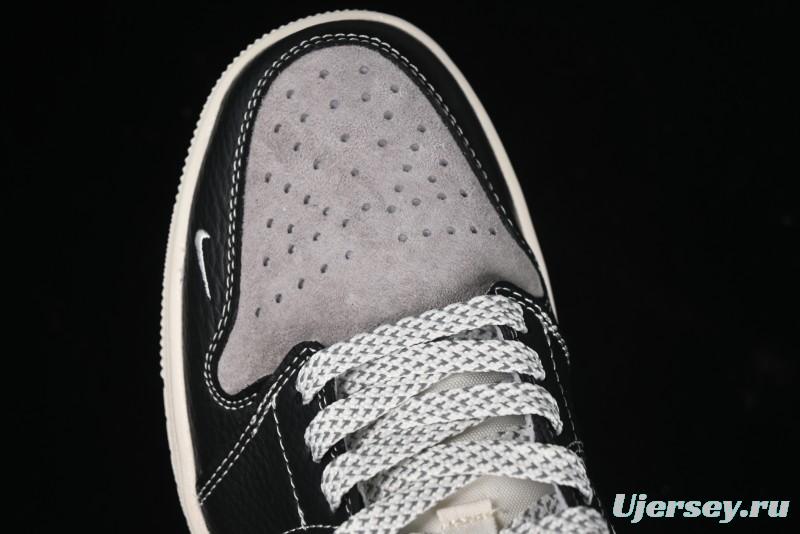 Nike Air Jordan 1 Low Supreme Collaboration - Black Grey Pigskin Two-Tone High-End Custom Retro Basketball Shoes - SJ9950-032