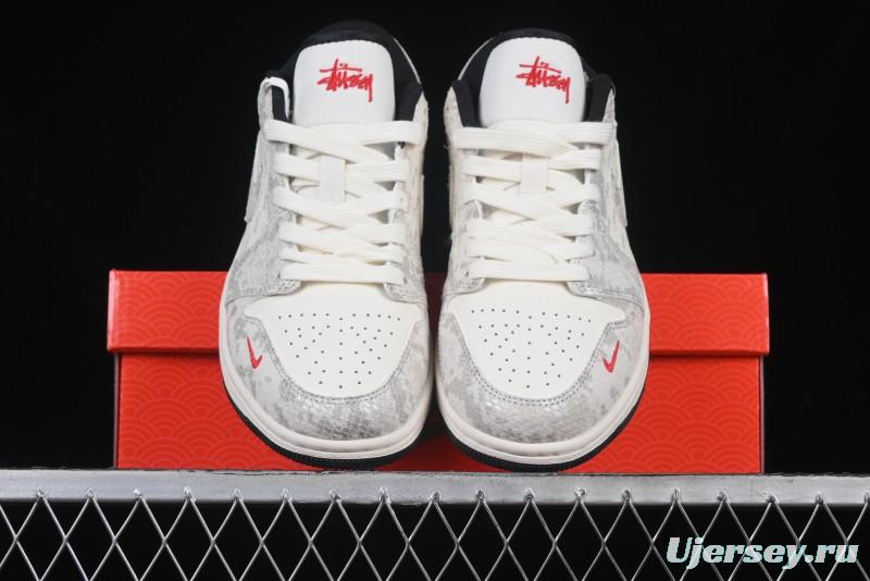 Nike Air Jordan 1 Low Retro Basketball Shoes - Stussy Grey Snake Custom - FC1688-200