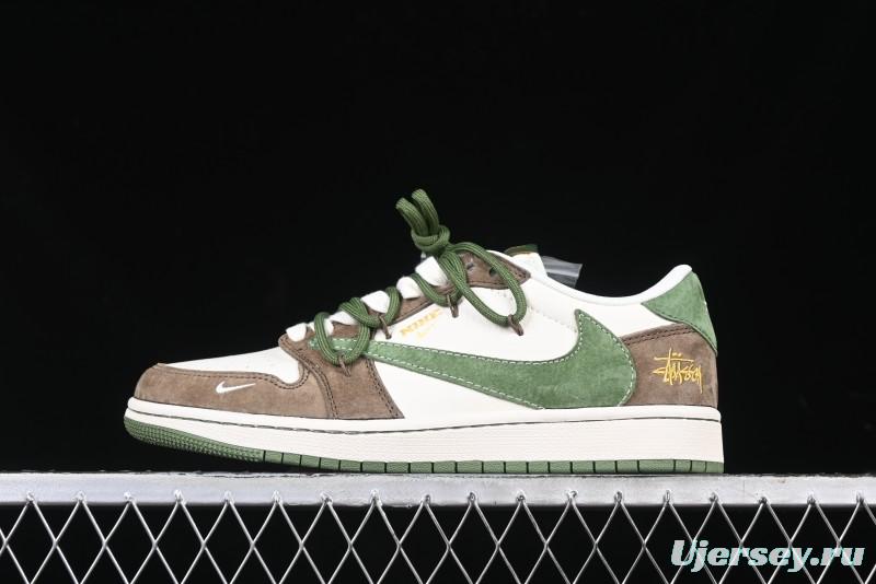 Nike Travis Scott x Fragment Design x Air Jordan 1 Low OG SP AJ1 Stussy Collaboration Suede Green Low Top Casual Sneakers - XS3186-202