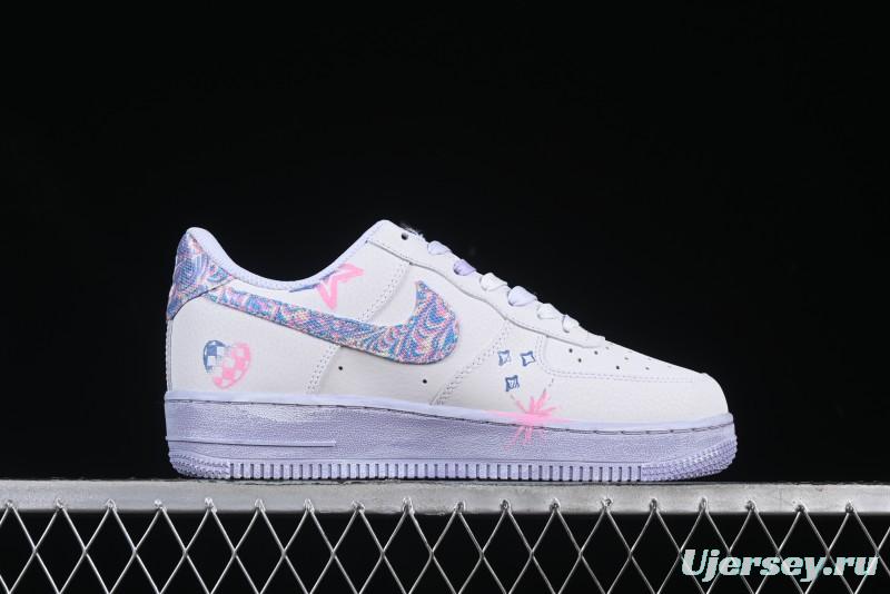 Nike Air Force 1 '07 Low Double Hearts Casual Sneakers with Hand-Drawn Anime Doodle and Pink Blue Hearts - CZ0377-002