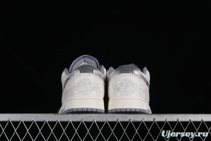 Nike Air Jordan 1 Low AJ1 Panda Prank Modern Gray Floral Low-Top Casual Sneakers - 553560-053