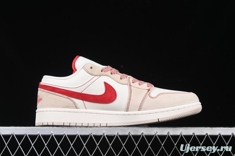 Nike Air Jordan 1 Low Stussy Collaboration Khaki Red Hook Retro Basketball Shoes - SJ9950-040