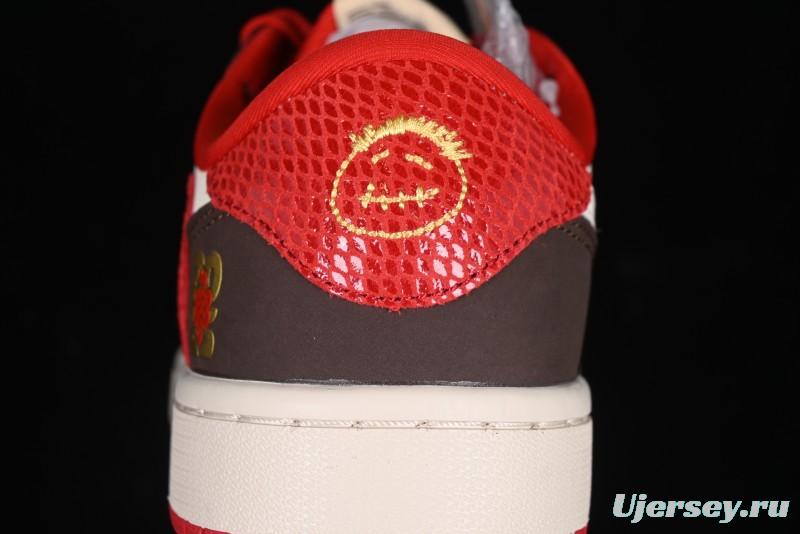 Nike Travis Scott x Fragment Design x Air Jordan 1 Low OG SP AJ1 Snake Year Limited Edition Snake Scale Red Hook Low Top Lifestyle Casual Sneakers - CH6336-020