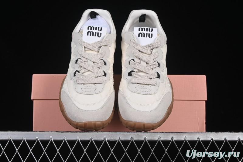 Miu Miu Suede Round Toe Lace-Up Women's Low-Top Casual Shoes in Beige - 99D4