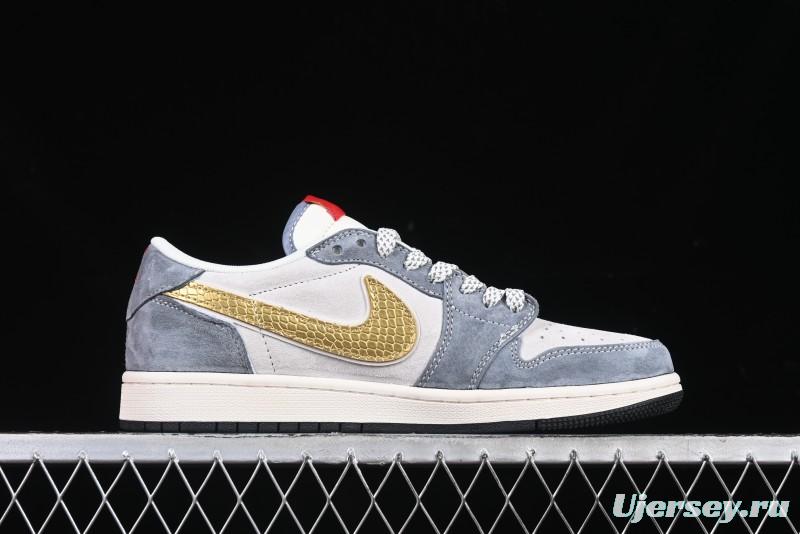 Nike Travis Scott x Fragment Design x Air Jordan 1 Low OG SP AJ1 Snake Year Limited Gold Snake Low-top Casual Sneakers - XZ2025-288