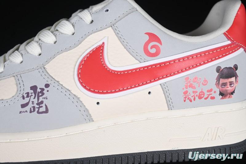 Nike Air Force 1 '07 Low Nezha Collaboration Grey Red Swoosh Casual Sneakers - DF0188-046