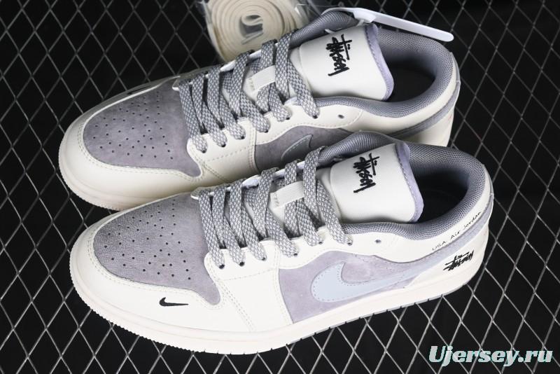 Nike Air Jordan 1 Low Stussy Collaboration - Retro Basketball Shoes in Light Grey - SJ9950-044
