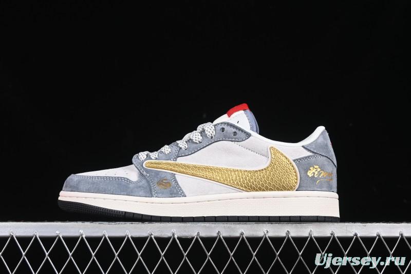 Nike Travis Scott x Fragment Design x Air Jordan 1 Low OG SP AJ1 Snake Year Limited Gold Snake Low-top Casual Sneakers - XZ2025-288