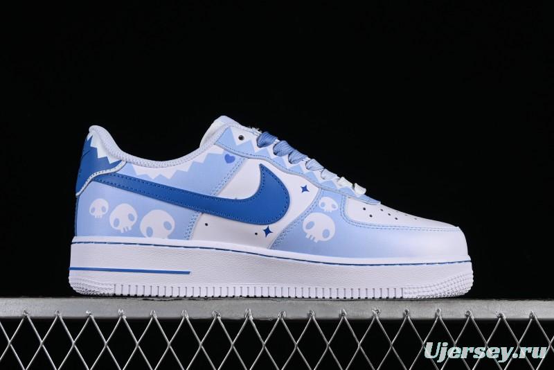 Nike Air Force 1 '07 Low Witch Collaboration Custom Leather Sneakers with Skull Design and Gradient White-Blue - CW2288-111