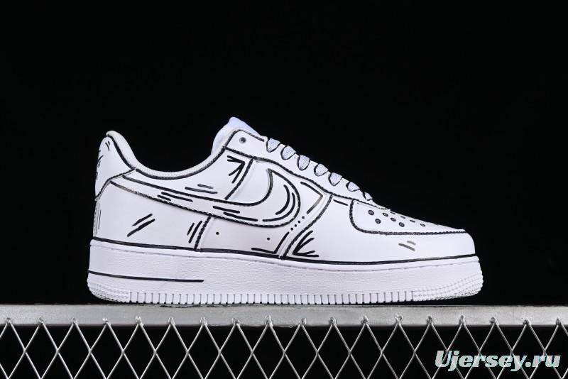 Nike Air Force 1 '07 Low Casual Sneakers with Black and White Hand-Drawn Manga Design - CW2288-811