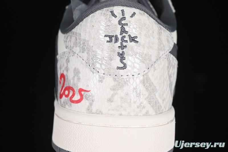 Nike Travis Scott x Fragment Design x Air Jordan 1 Low OG SP AJ1 Snake Year Limited Grey Snake Scale with Grey Swoosh Low-top Casual Sneakers - XS3086-009