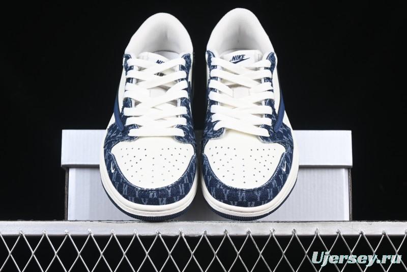 Nike Travis Scott x Fragment Design x Air Jordan 1 Low OG SP AJ1 MLB Collaboration White Blue Denim Low-top Casual Sneakers - DM7866-051