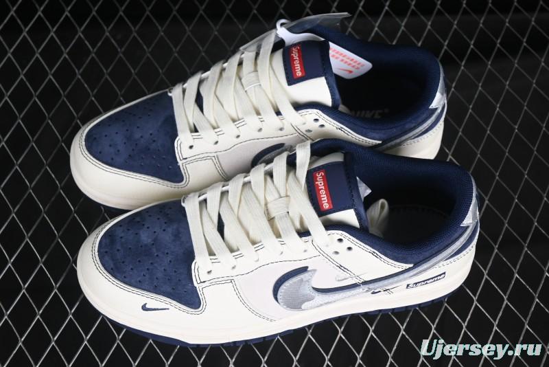 Nike SB Dunk Low Supreme Collaboration Anniversary Edition Customized Low-Top Casual Skate Shoes with Silver-Blue Swoosh and Hidden Pattern - DM6868-044