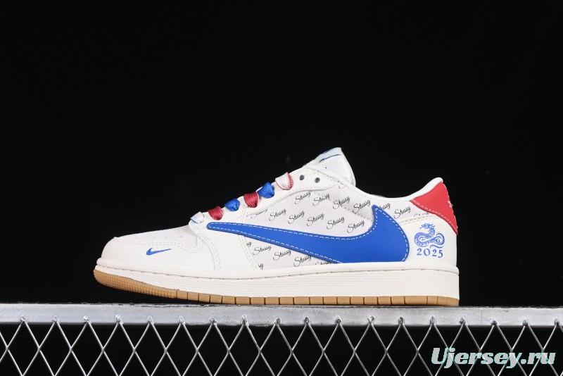 Nike Travis Scott x Fragment Design x Air Jordan 1 Low OG SP AJ1 Snake Year Limited Blue Swoosh Gum Sole Low-top Casual Sneakers - XS3086-011