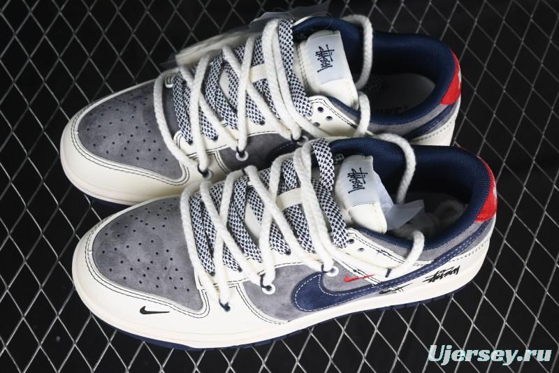Nike SB Dunk Low Stussy Collaboration Anniversary Custom Low-Top Casual Sneakers with Strap in Beige Grey and Navy - YX5066-236