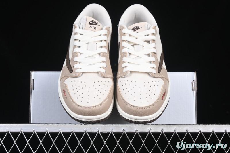 Nike Travis Scott x Fragment Design x Air Jordan 1 Low OG SP AJ1 Snake Year Limited Brown Snake Print Low Top Casual Sneakers - DM7866-074