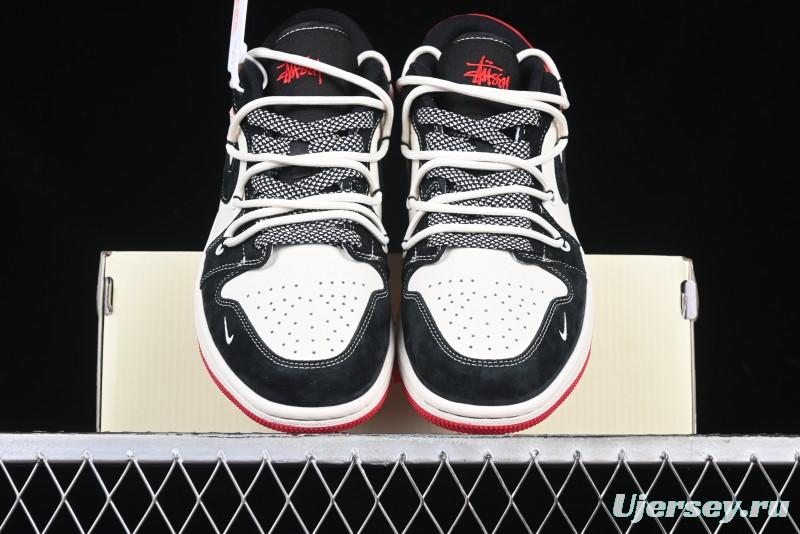 Nike Air Jordan 1 Low Stussy Collaboration - Black Red Custom High-End Retro Basketball Shoes - SJ9950-048