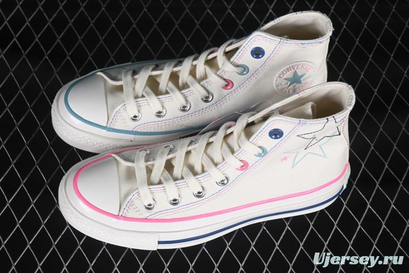 Converse Chuck 1970s High Top Casual Sneakers with Star Stitching and White-Pink-Blue Mismatched Design - A15744C