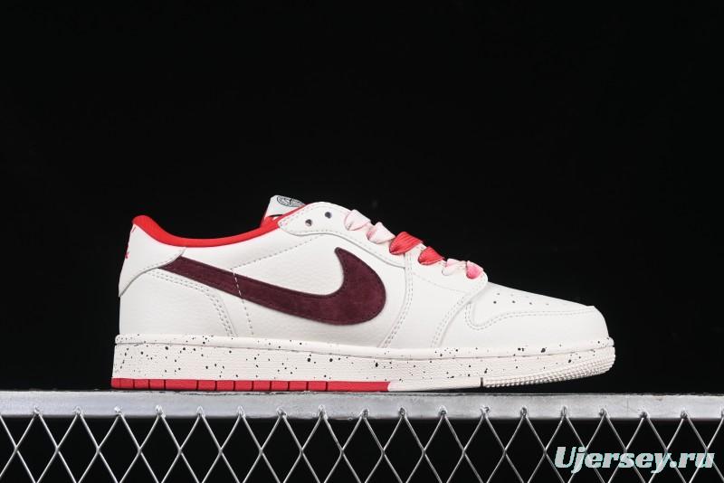 Nike Travis Scott x Fragment Design x Air Jordan 1 Low OG SP AJ1 Stone Island Collaboration Pomegranate Red Low-Top Casual Sneakers - CF3688-077