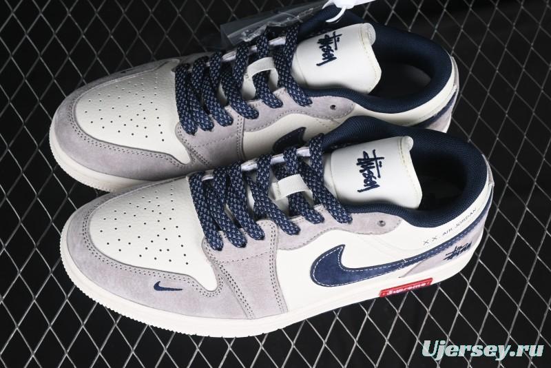 Nike Air Jordan 1 Low Stussy Collaboration Blue Suede Retro Basketball Shoes - SJ9950-035