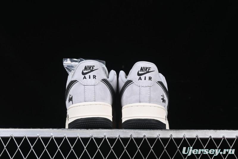 Nike Air Force 1 '07 Low Stussy Collaboration Grey Pigskin Black Swoosh Low-Top Casual Sneakers - XZ3318-099
