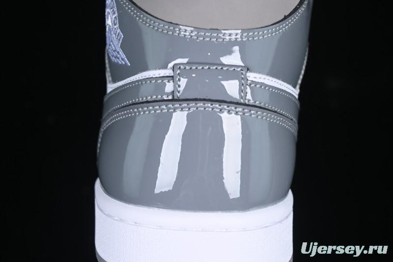Nike Air Jordan 1 Mid AJ1 High-Top Basketball Shoes in White Grey Patent Leather - HF3216-100