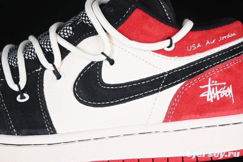 Nike Air Jordan 1 Low Stussy Collaboration - Black Red Custom High-End Retro Basketball Shoes - SJ9950-048